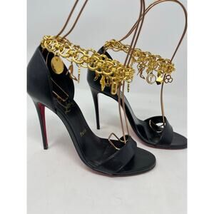 Christian Louboutin Gourmi Sandal Black Leather Gold Charm Ankle Strap Heel 37.5